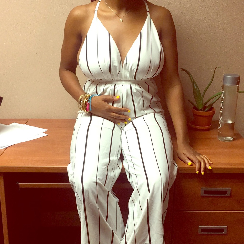 White and navy stripped jumpsuit